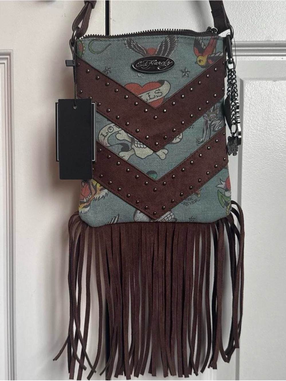 Ed Hardy brown fringe blue denim studded crossbody bag with tattoo graphics